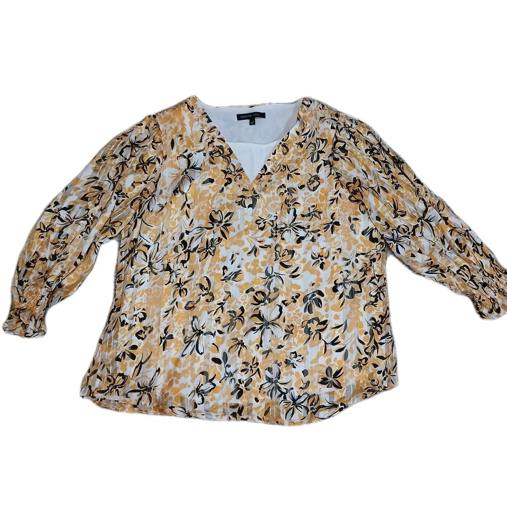 Adrienne Vittadini‎ Floral Blouse L Yellow White Black V-Neck Sheer Long Sleeve